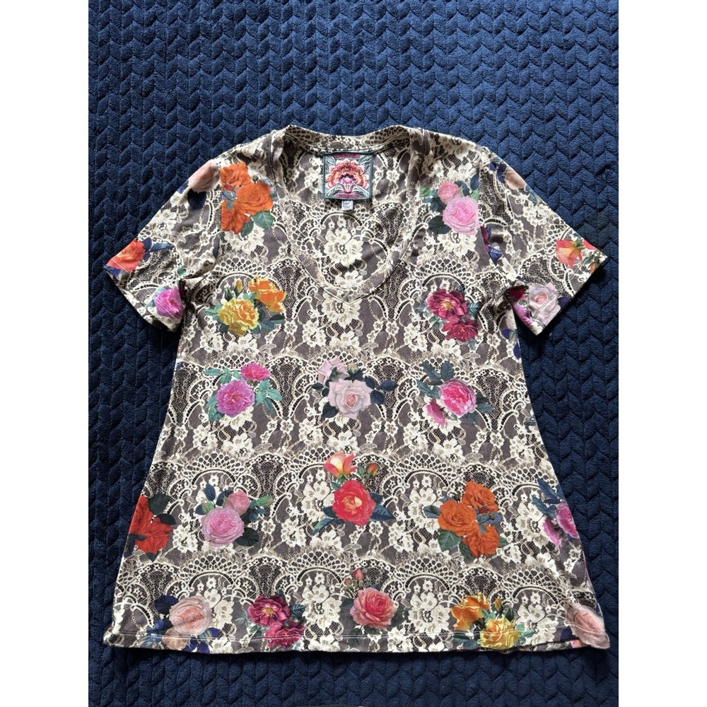Johnny Was Rose Lace Favorite Short V Swing Tee Floral Top Shirt Size 2XSmall